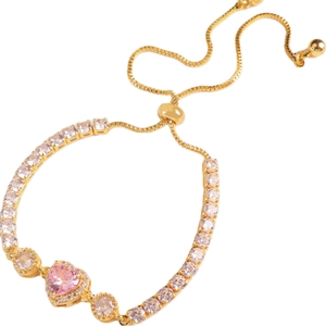 Adjustable golden bracelet with sparkling pink heart stone and round clear cubic zirconia
