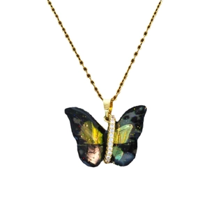 Exquisite colorful butterfly pendant necklace with iridescent wings and gold chain
