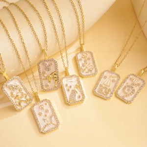 Gold plated 12 zodiac pendant necklace with cubic zirconia borders and rectangle designs