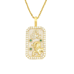 Golden Leo zodiac pendant necklace with white enamel inlay and green crystal accents