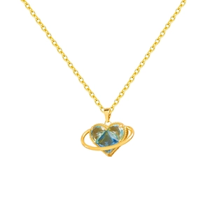 Golden heart necklace with blue-green gemstone planet pendant on white background