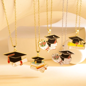 Titanium Steel Copper Enamel Graduation Cap Book Scroll Pendant Necklace Gold Silver Commemorative Jewelry For Graduate Students Women