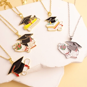 Minimalist graduation series necklace with mortarboard and diploma pendant designs