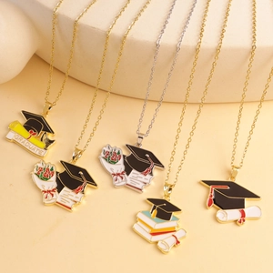 Minimalist graduation necklace set with colorful caps and scrolls on golden chains