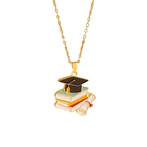 Golden necklace with graduation cap and book pendant for academic memorial gifts