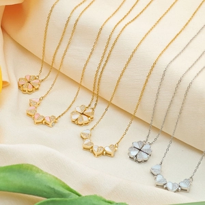 Magnetic Foldable Heart Four Leaf Clover Necklace For Women Titanium Steel Two Way Wear Zirconia Mother Of Artificial Pearl Jewelry