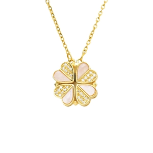 Magnetic folding clover heart necklace in gold with pink shell and zircon stones