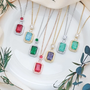 Elegant rectangle cubic zirconia necklaces in multiple colors with polished metal chains