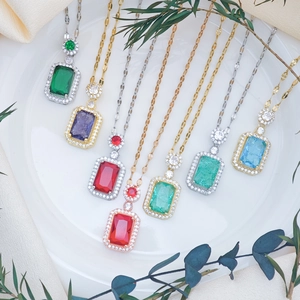 Luxury Zirconia Rectangular Gemstone Halo Pendant Necklace Stainless Steel Copper Gold Plated Women Fashion Jewelry