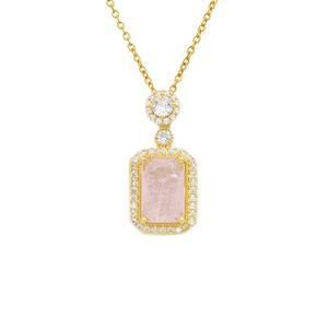 Elegant gold necklace with rectangular pink zircon pendant and white diamond micro-pave