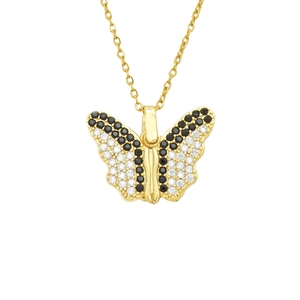 Elegante gouden vlinderketting met zwart-wit kristallen pavé aan een verfijnde ketting