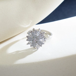 Rotating flower zircon ring in silver finish with double-layer sparkling petals for women