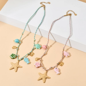 Nautical starfish and turtle pendant necklace with colorful woven rope chain
