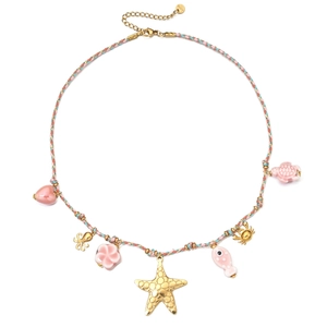 Nautical starfish and turtle pendant necklace with colorful woven cord for women