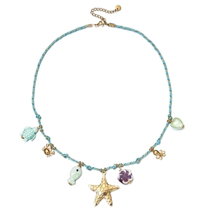 Colorful ocean theme charm necklace with ceramic turtles and gold starfish pendants