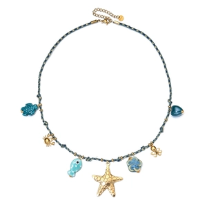 Marine theme beaded cord necklace with starfish turtle and fish charms in gold and blue