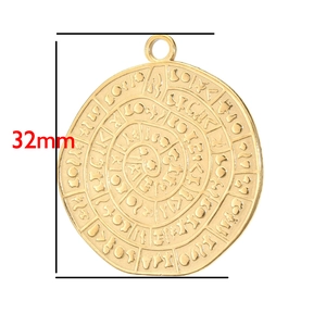 32mm Gouden roestvrijstalen zonnehanger met oude Phaistos-symbolen voor DIY-sieraden maken