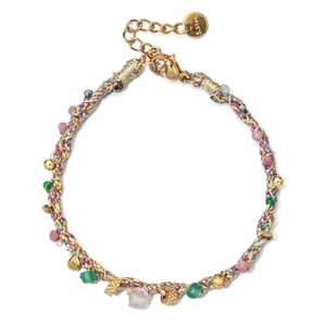 Handmade bohemian braided bracelet with colorful stones and gold beads on white background
