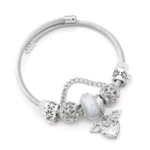 Silver cable charm bracelet with crystal beads and heart wing pendant for women