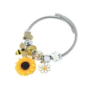 Stainless steel cable bracelet with sunflower bee charms and white daisy heart pendant