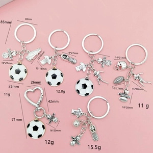 Soccer and rugby metal keychains with sports jersey and helmet charms in multiple styles