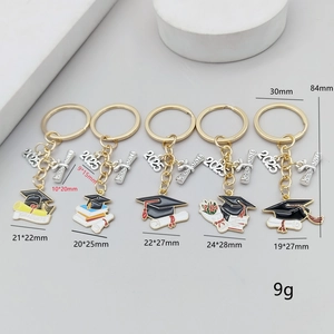 Detailed view of 2025 graduation keychains with colorful enamel doctoral cap charms
