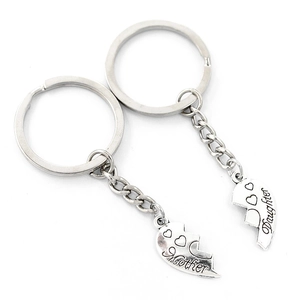 Silver mother and daughter heart split keychain set with engraved red heart detail