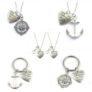 Silver heart pendant necklace with compass and anchor charms and sentimental engraving