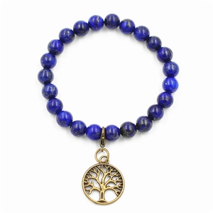 Pulsera de cuentas de lapislázuli con un dije colgante de Árbol de la Vida en bronce