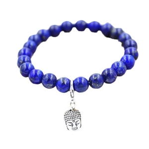Pulsera de cuentas de lapislázuli con colgante de cabeza de buda en tono plata