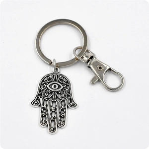 Vintage silver Hamsa Hand and Evil Eye metal keychain with intricate hollow carvings