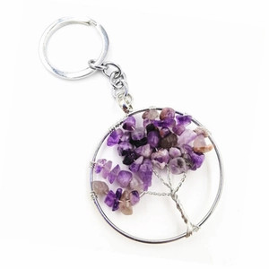 Porte-clés Arbre de Vie avec fil d'argent et cristaux d'améthyste violets