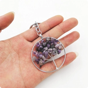 Macro detail of Tree of Life keychain featuring amethyst crystals and wire-wrapped metal art