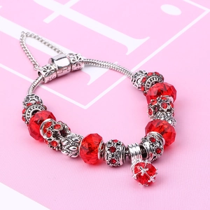 DIY Pandora style silver snake chain bracelet with red crystal beads and heart charms