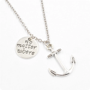 Detailed view of silver anchor necklace with engraved No Matter Where pendant charms