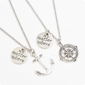 Silver anchor and compass necklace set with no matter where engraved pendant jewelry
