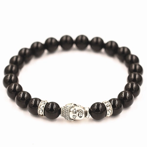 Pulsera de cuentas de lava con cabeza de Buda plateada y espaciadores de strass