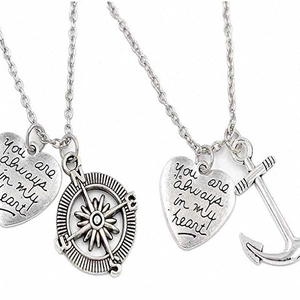 Vintage silver anchor compass necklace with heart pendant engraved you are always in my heart