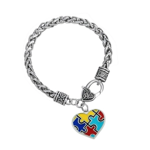 Bracelet de sensibilisation à l'autisme avec chaîne torsadée et pendentif cœur puzzle