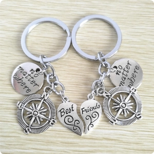 Compass and half heart keychain set for best friends with no matter where engraving