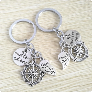 Detail of Best Friends compass keychain set with No Matter Where engraved metal charms