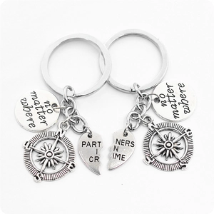 Silver compass keychain set with No Matter Where and Partners in Crime heart pendants