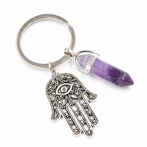 Porte-clés Main de Fatma avec prisme en cristal violet et œil protecteur sur fond blanc