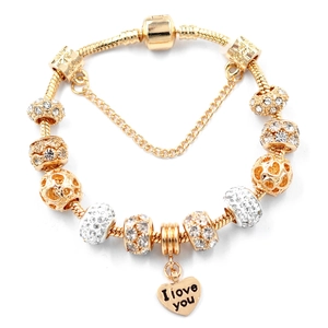 Gold-plated snake chain bracelet with crystal heart pendant and I love you engraving