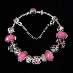 Bracelet à breloques DIY en cristal rose avec ruban violet et chaîne serpent argent