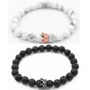 Ensemble de bracelets de couple en pierre de lave et turquoise blanche avec couronne
