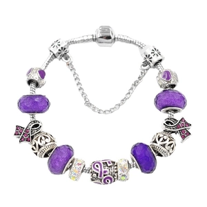 Bracelet DIY style Pandora avec perles violettes et pendentif ruban rose argenté