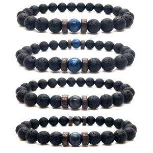 Bracelet pour Hommes en Pierre de Lave Volcanique Vintage avec Lapis-Lazuli Naturel Labradorite Intercalaires en Bois Bijoux