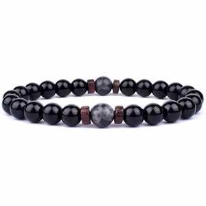 Bracelet pour homme en perles de verre noir et pierre volcanique 8mm avec perles en bois