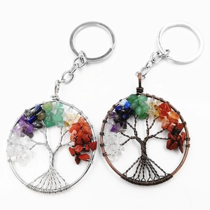 Détail de porte-clés arbre de vie avec cristaux colorés en finitions argent et cuivre